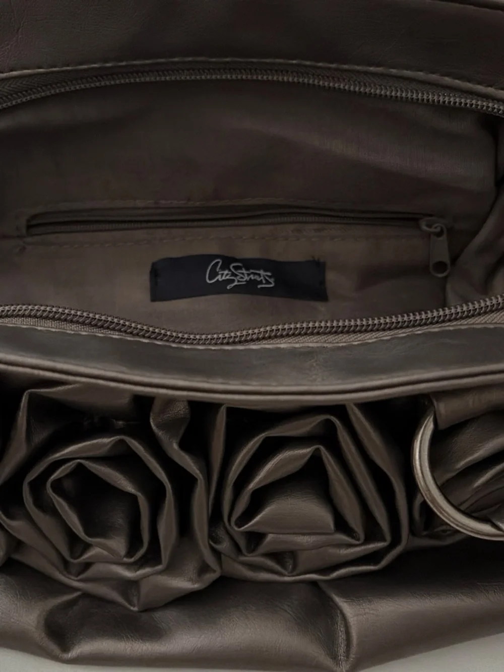 Women's Grey Leather Tote Bag with Rosette Detail